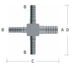1/4“ BARB CROSS W/(1) 3/8“ BARB A=3/8“(9,96mm)B=1/4“(7,14mm)C=2,27“(57,7mm) D=2,30
